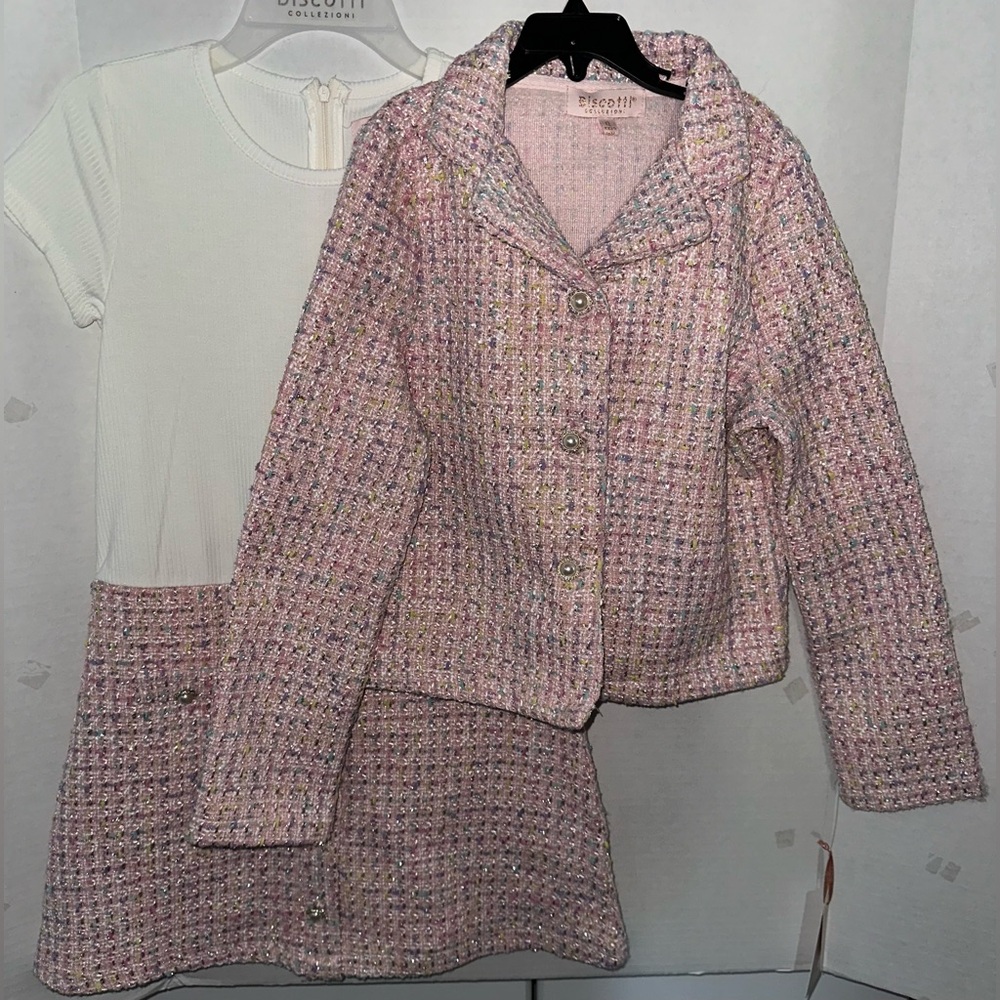NWT Biscotti Girls Dress Coat Jacket Set Pink Multicolor Tweed Pageant Interview